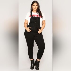 2X Fashion Nova Black Stretch Denim Overalls